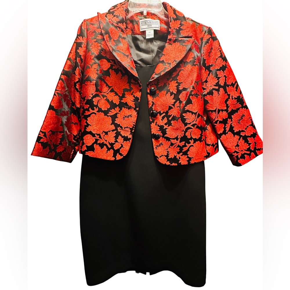 Vintage Jessica Howard 2pc Black Sleeveless Dress with Red Blazer